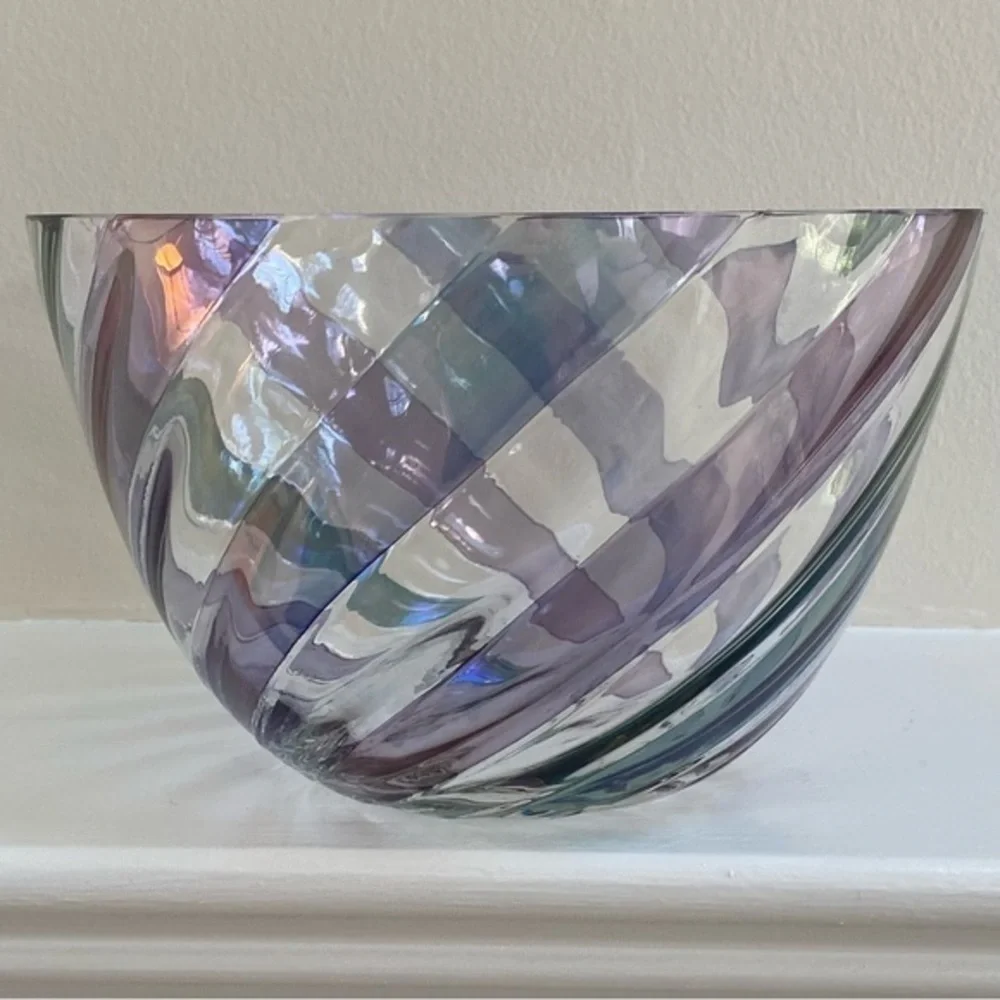 Crate&Barrel Lead Crystal Glass Blue Purple and Green Ribbon Decor Bowl